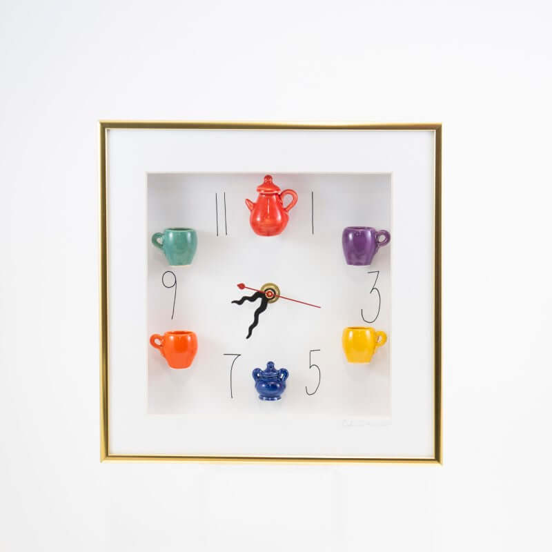 10x10 Clock with Red Teapot, Navy Sugar Bowl