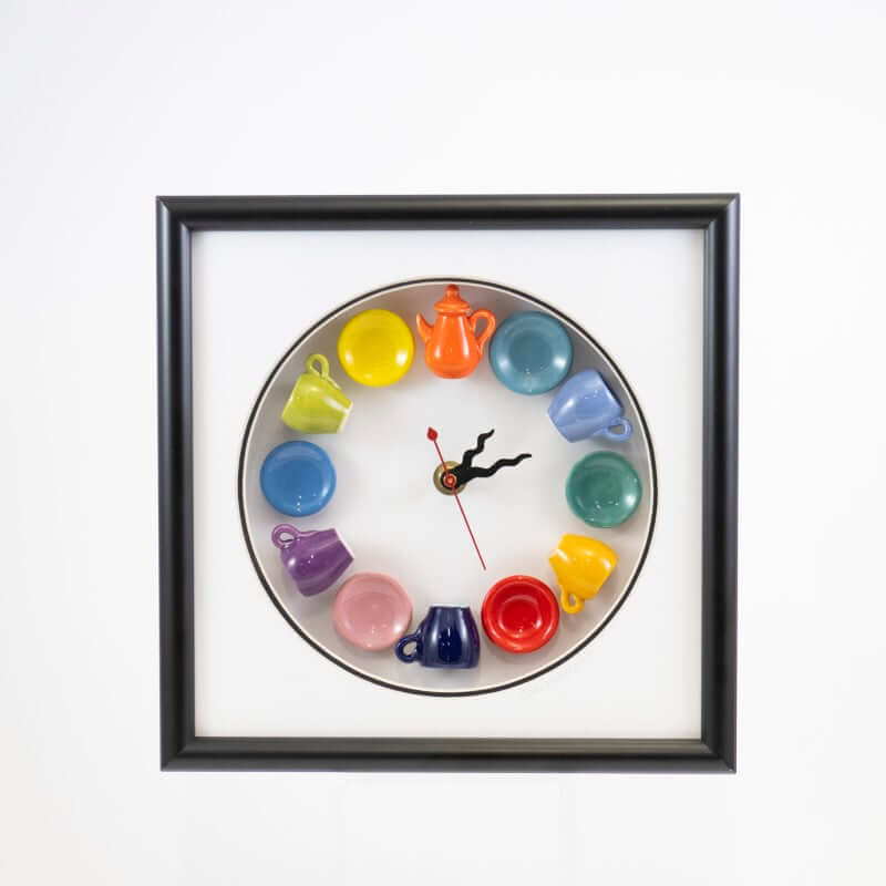 10x10 Clock with Orange Teapot, Rainbow Mugs & Plates