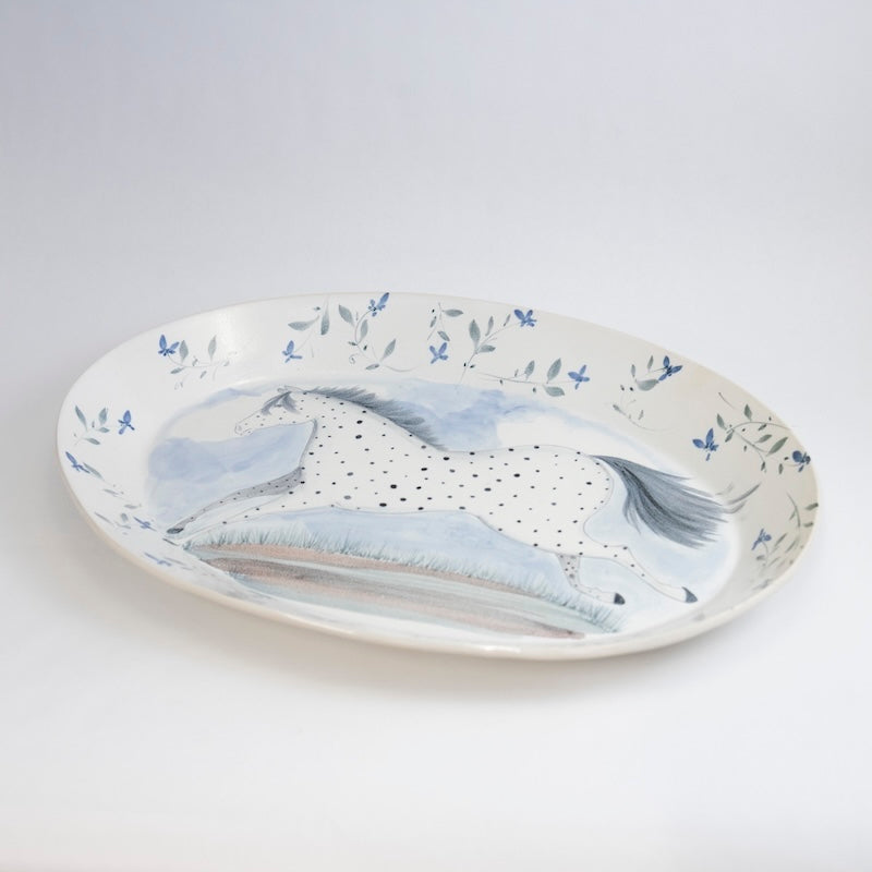 Large Oval Platter with a Horse and Blue Flowers