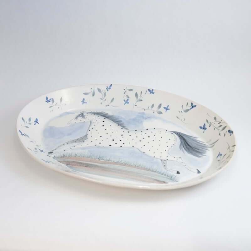 Large Oval Platter with a Horse and Blue Flowers