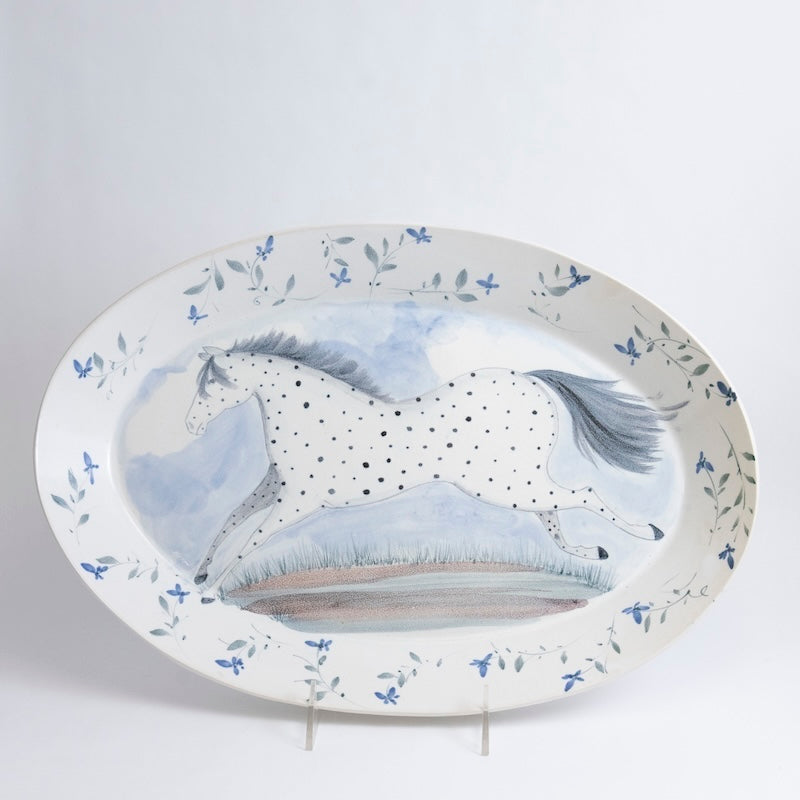 Large Oval Platter with a Horse and Blue Flowers