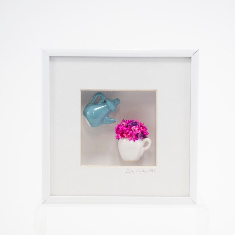 6x6 Shadowbox with Blue Teapot, White Mug, and Pink Flowers in a White Frame