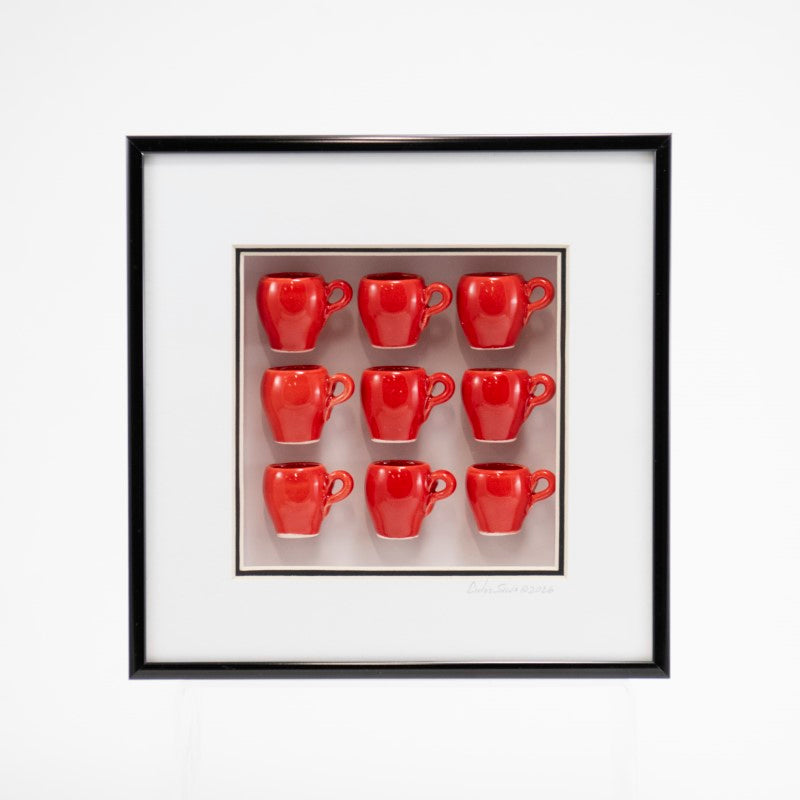 8x8 Shadowbox with Red Mugs in a Black Frame