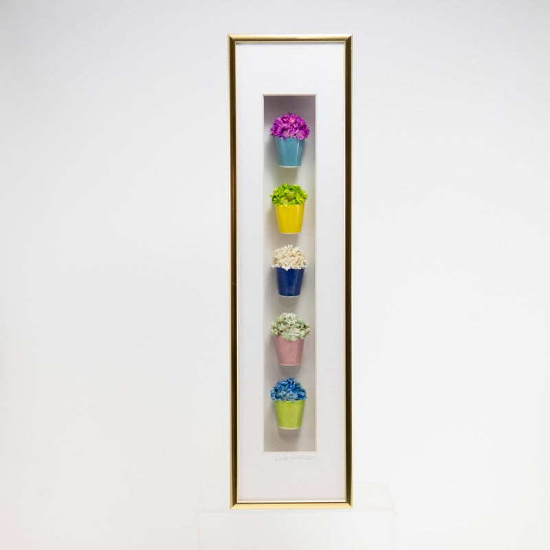 4x16 Vertical Shadowbox with a Blue Pot with Pink Flowers in a Gold Frame