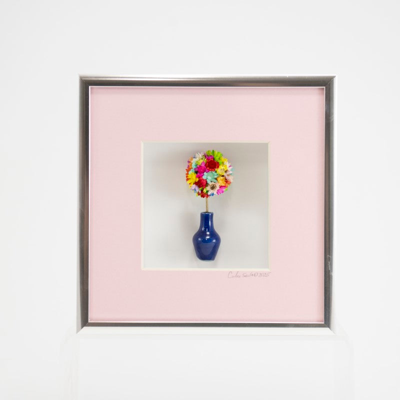 6x6 Shadowbox with Colorful Flowers and Navy Vase in a Pink Matte and Silver Frame