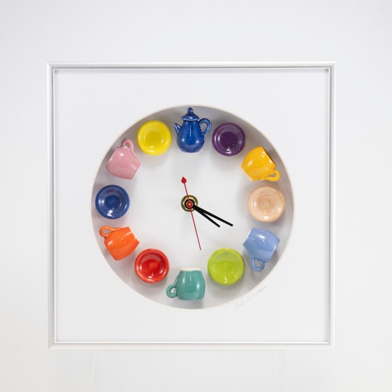 10x10 Clock with a Navy Teapot in a Rounded Matte and Silver Frame