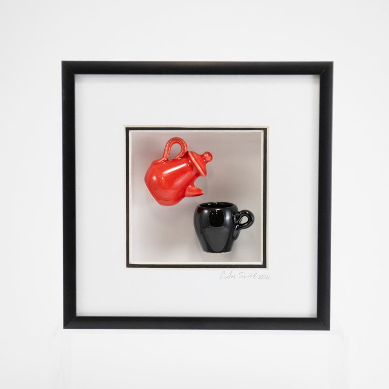 6x6 Shadowbox with a Red Teapot and a Black Mug in a Black Frame