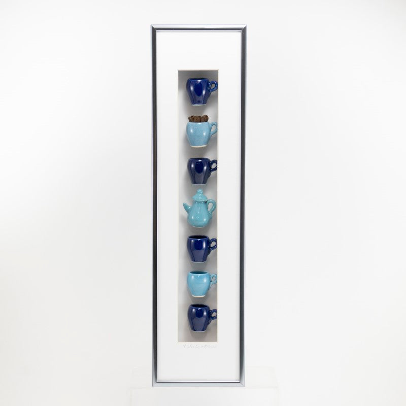 4x16 Vertical Shadowbox with Blue Mugs and Teapot in a Black Frame