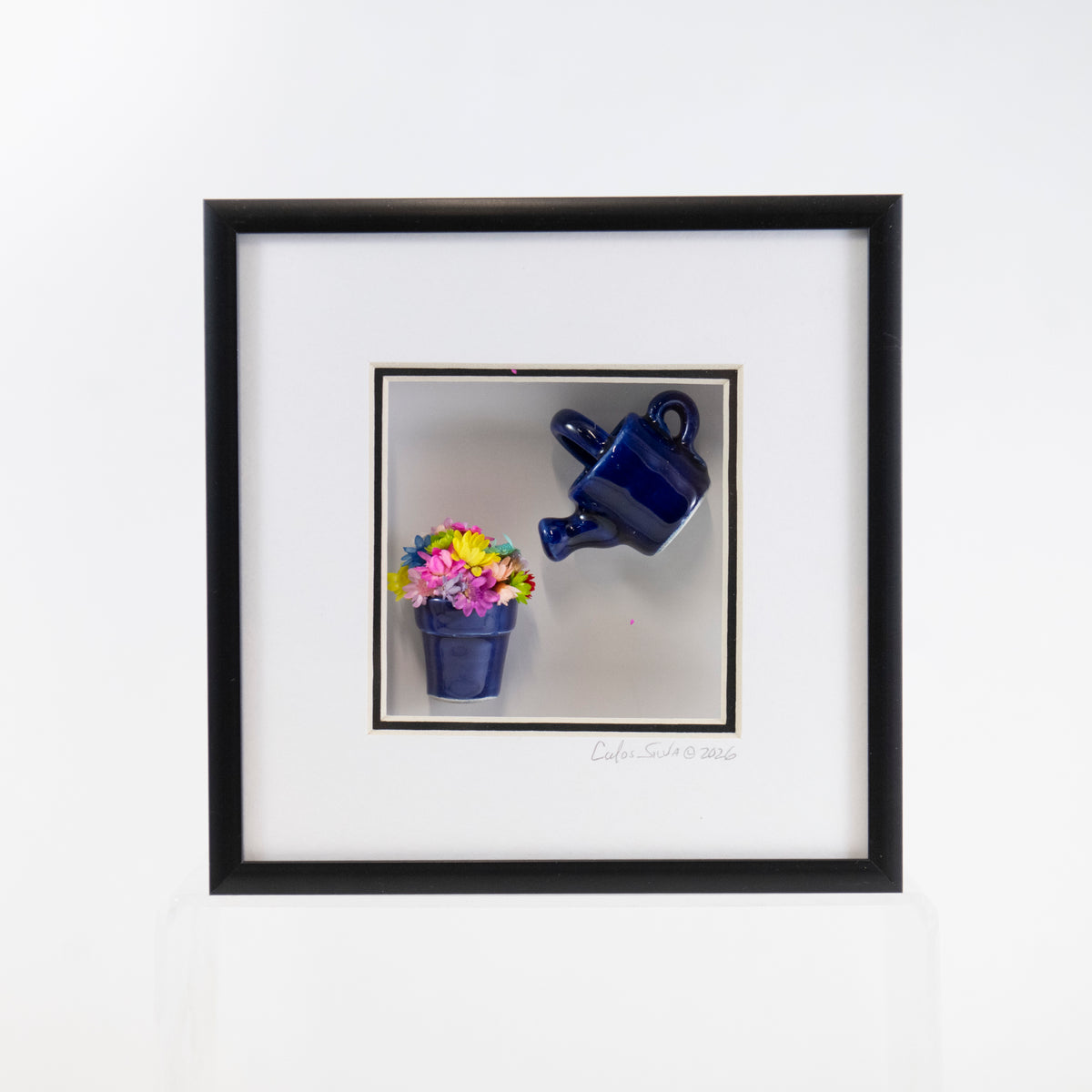 6x6 Shadowbox with a Blue Watering Can and Pot and Colorful Flowers in a Black Frame