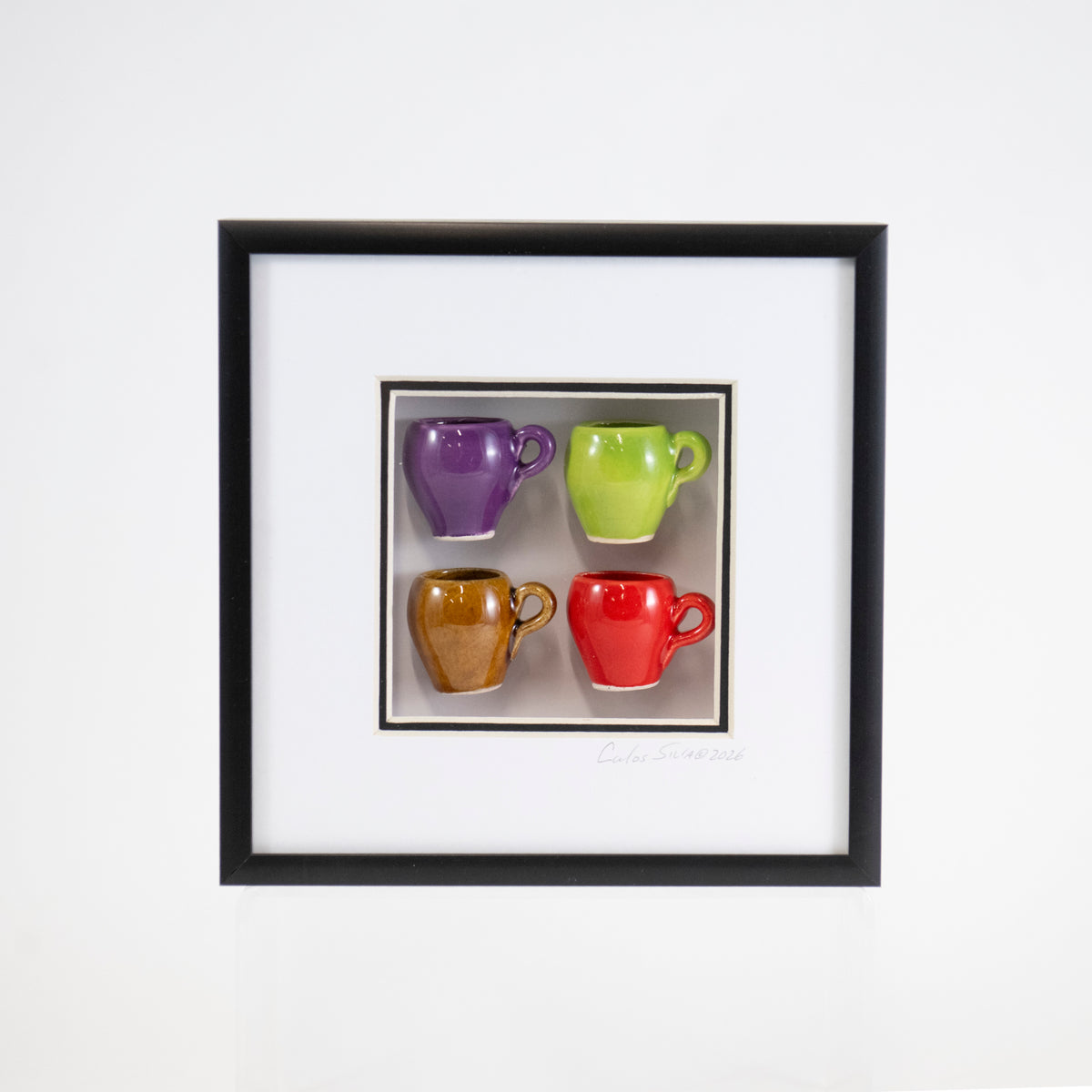 6x6 Shadowbox with Purple and Red Mugs in a Black Frame