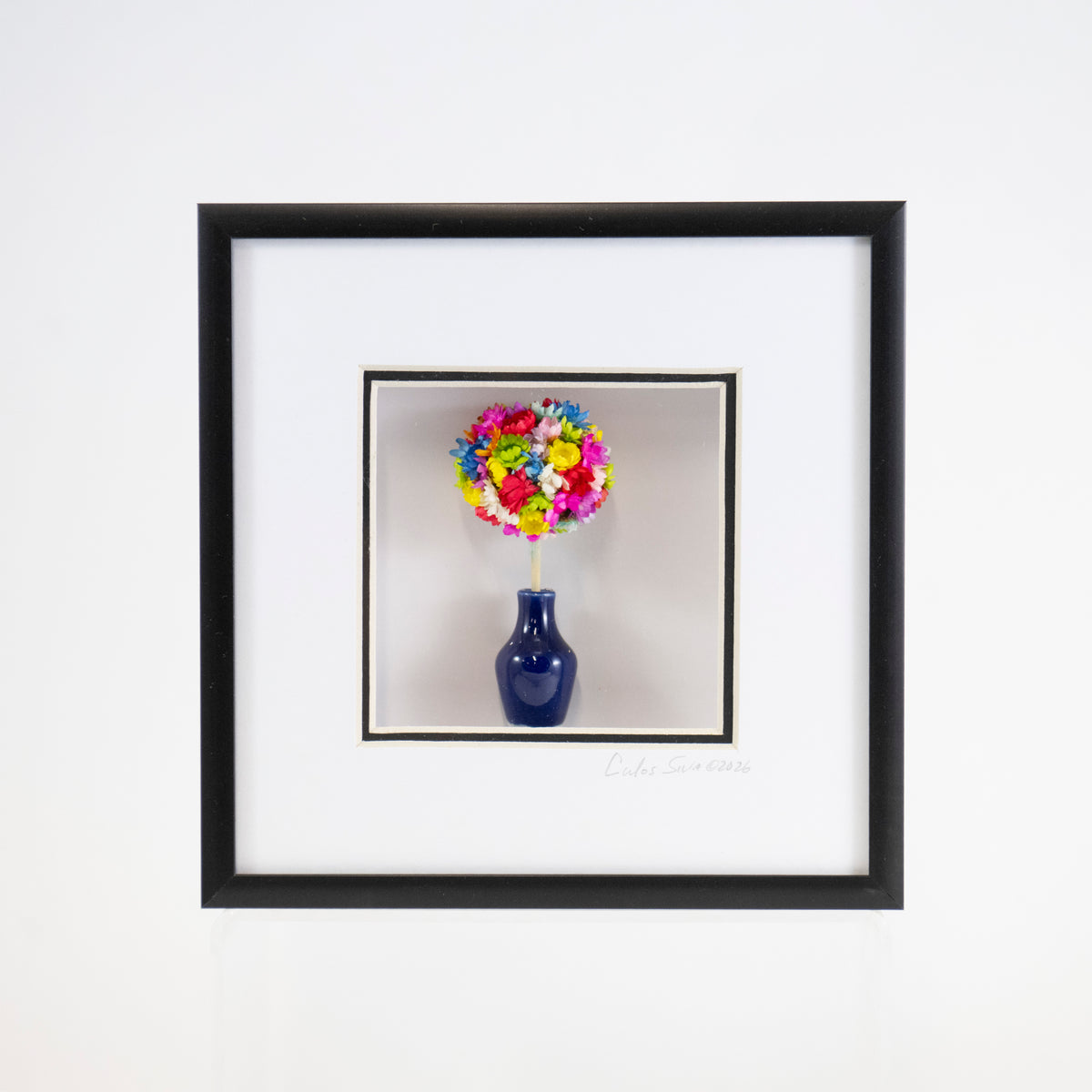 6x6 Shadowbox with Colorful Flowers in a Blue Vase in a Black Frame