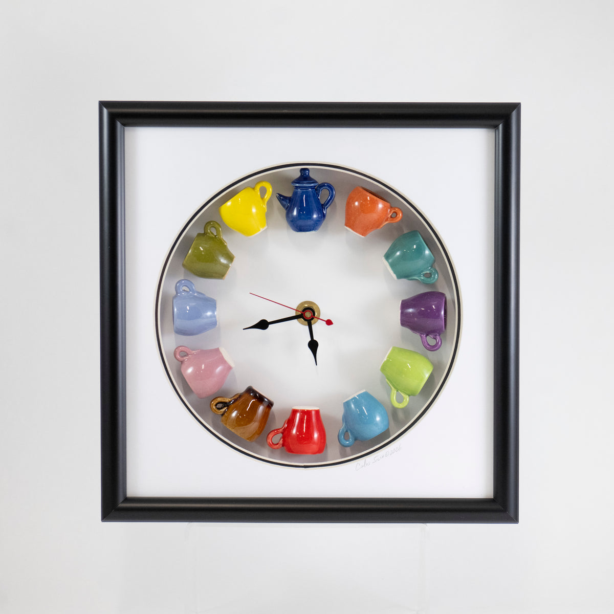 10x 10 Clock with Periwinkle and Purple Mugs in a Rounded Matte and Black Frame