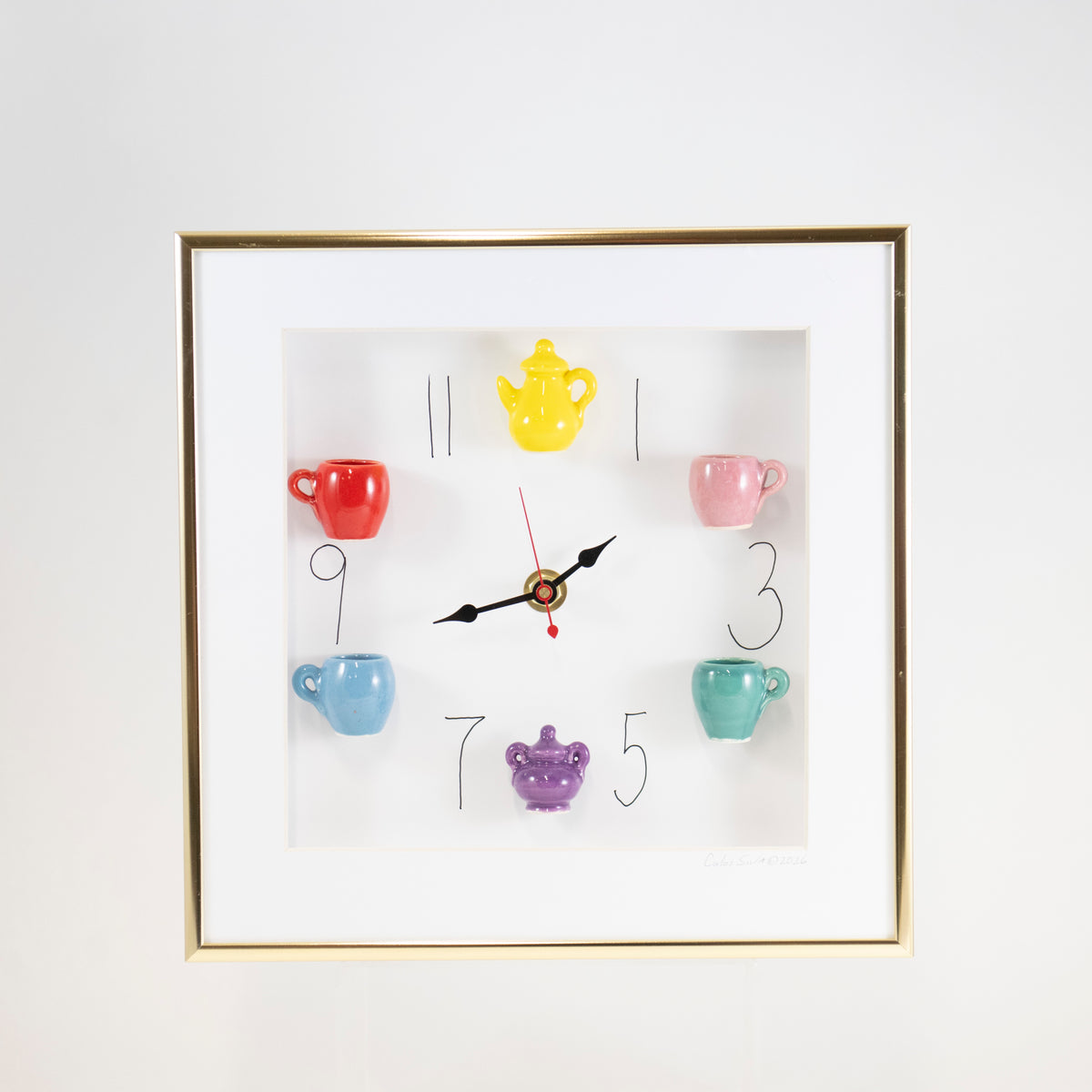 10x10 Clock with a Yellow Teapot and Purple Sugar Jar in a Gold Frame