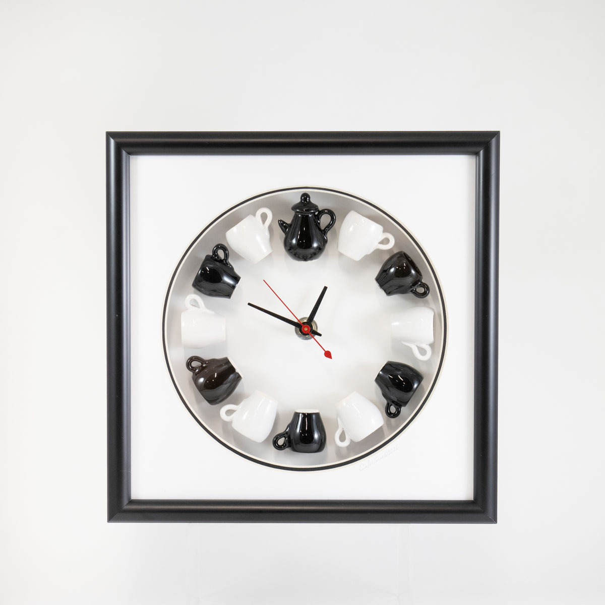 10x10 Clock with BLack and White Mugs and Teapot in a Rounded Matte and Black Frame