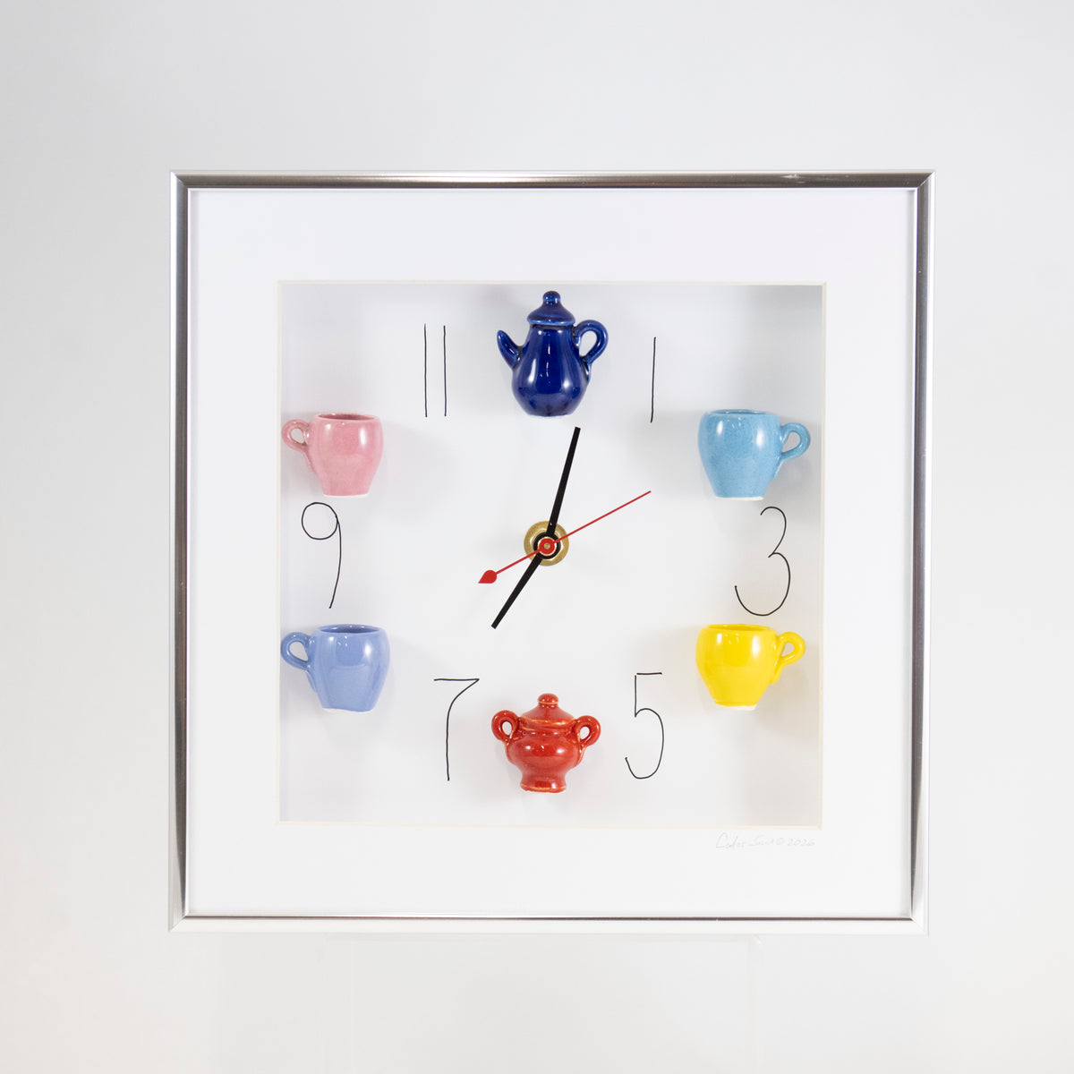 10x 10 Clock with a Blue Teapot and Red Sugar Jar in a Silver Frame