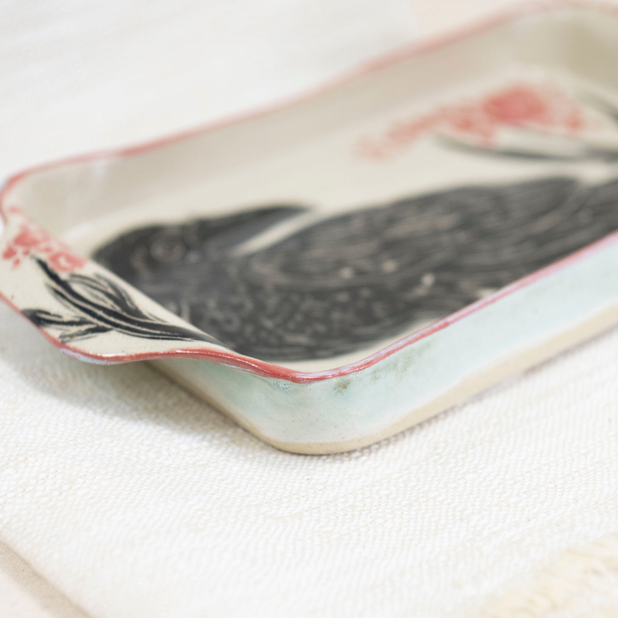 Small Black Bird with Red Berry Casserole Dish