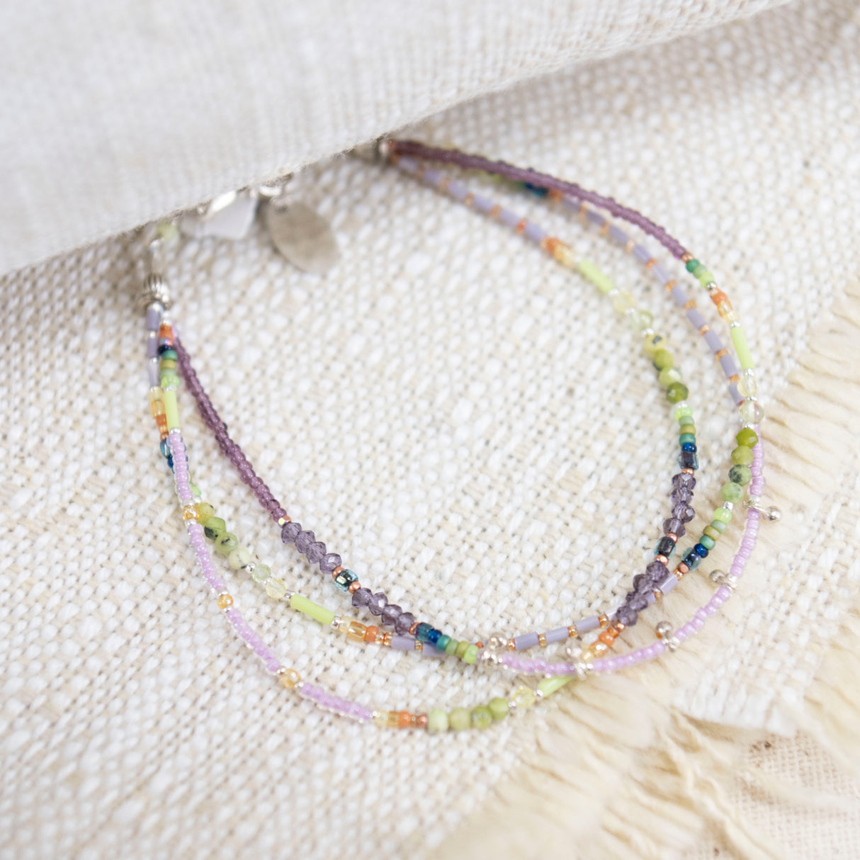Sterling Silver, Serpentine, Amethyst, Peridot, Vintage glass beads Bracelet