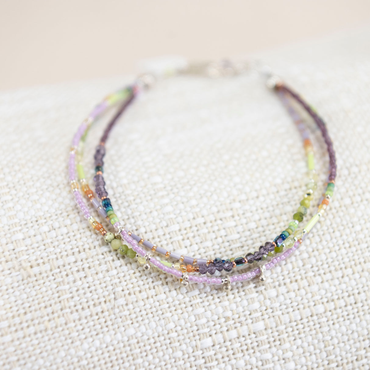 Sterling Silver, Serpentine, Amethyst, Peridot, Vintage glass beads Bracelet
