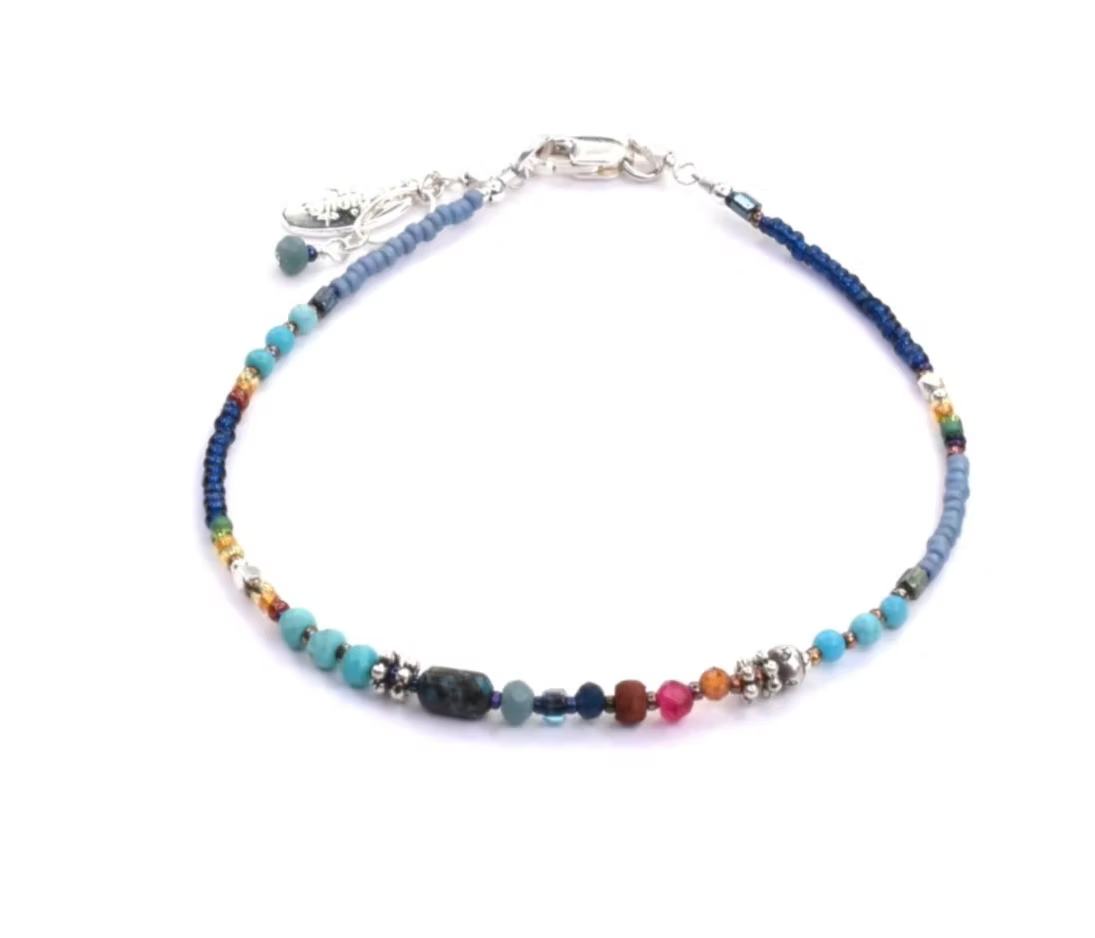 Turquoise, Bauxite, Ruby, Citrine, Czech Seed Beads Bracelet in Sterling Silver