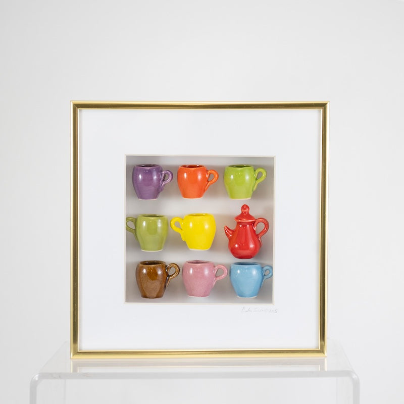 8x8 Red Teapot and Multicolor Mugs in a Gold Frame from Carlos Silva at Pinch in Northampton, MA