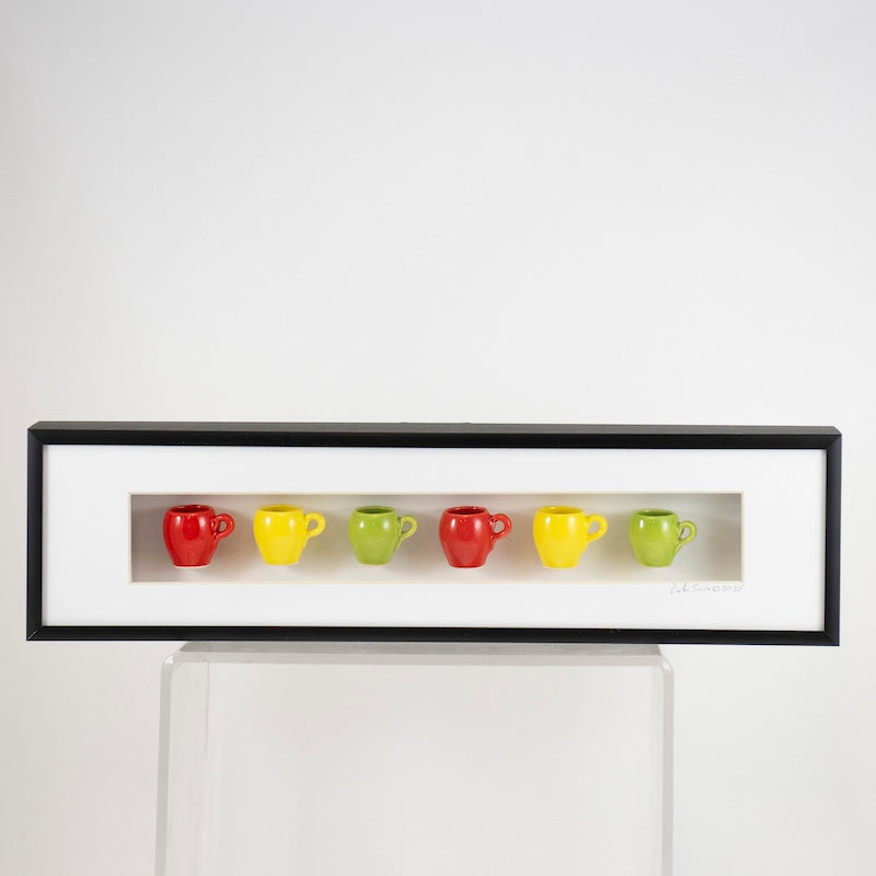 4x16 Horizontal Shadowbox with Red, Green, and Yellow Mugs in a Black Frame from Carlos Silva at Pinch in Northampton, MA