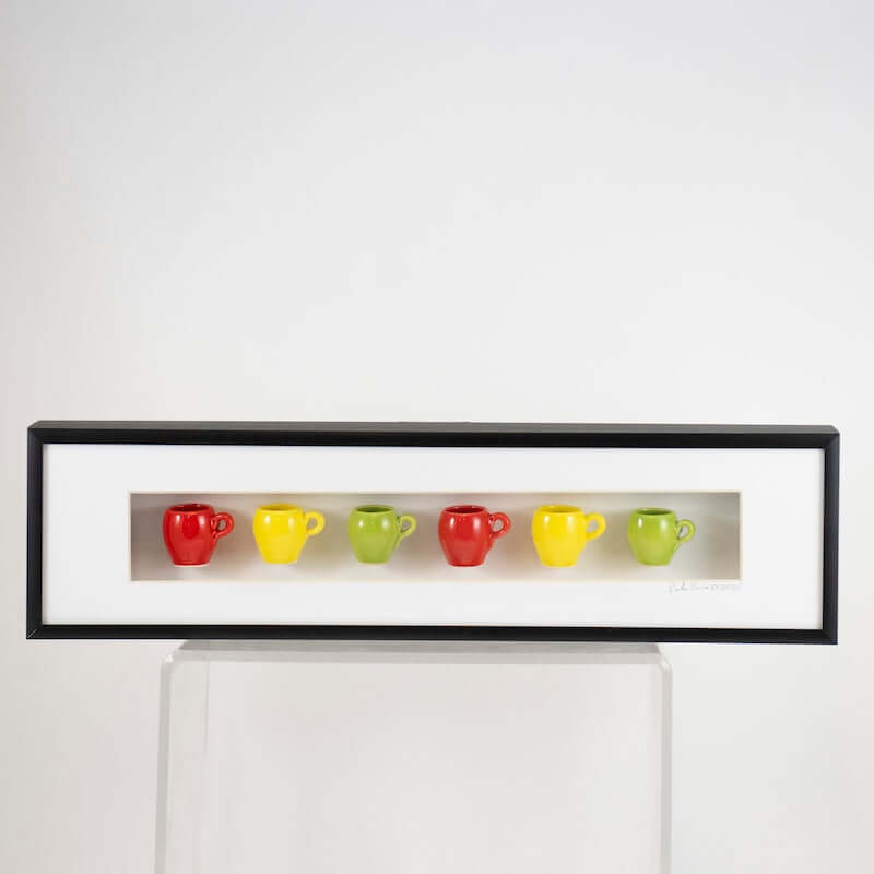 4x16 Horizontal Shadowbox with Red, Green, and Yellow Mugs in a Black Frame from Carlos Silva at Pinch in Northampton, MA
