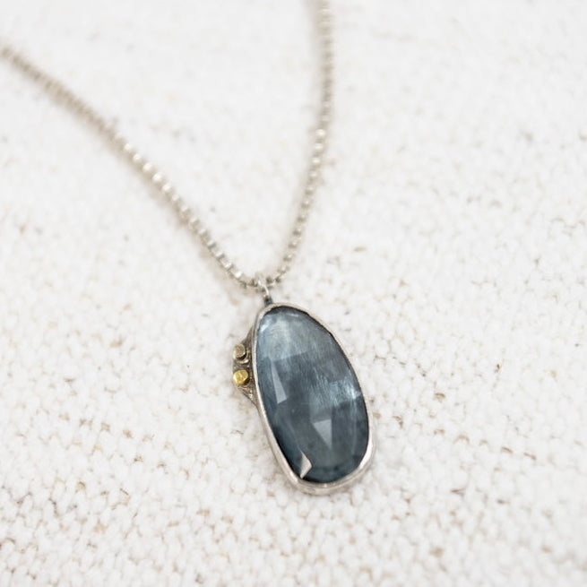 Large London Blue Topaz Necklace with Gold Dots