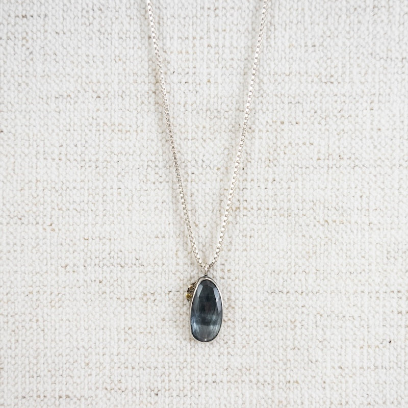 Large London Blue Topaz Necklace with Gold Dots