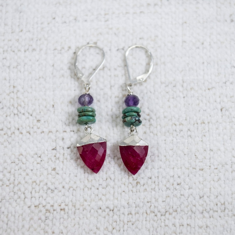 Amethyst, Turquoise, and Ruby Shield Earrings