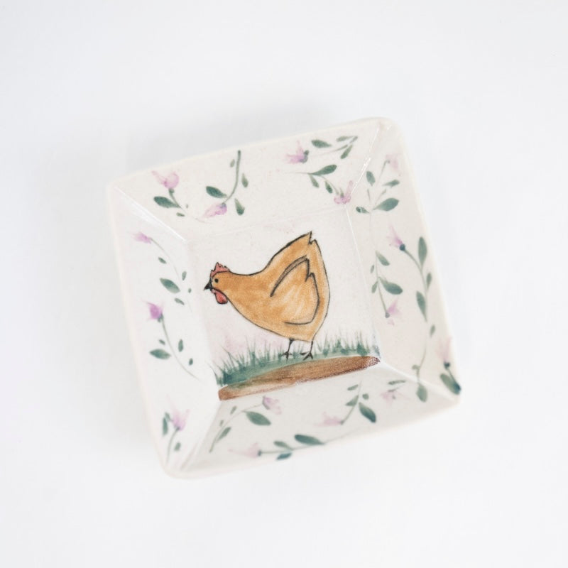Little Square Dish with a Chicken and Pink Flowers