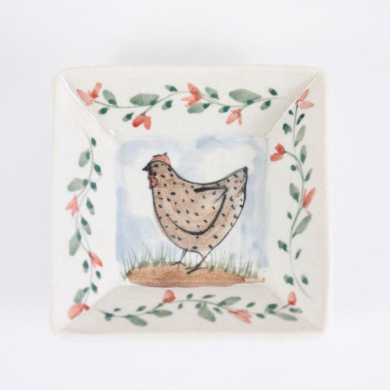 Square Dish with a Chicken Surrounded by Red Flowers from Megan Hart at Pinch in Northampton, MA