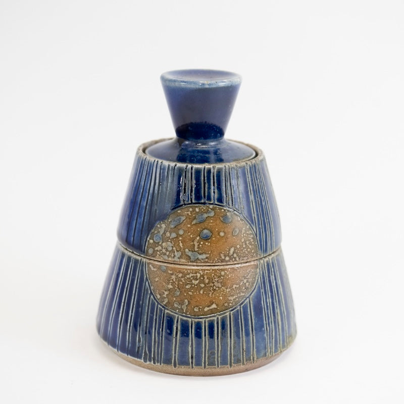 2 Tier Stacking Canister Blue Stripe w Gold Circle from Maya Machin at Pinch in Northampton, MA