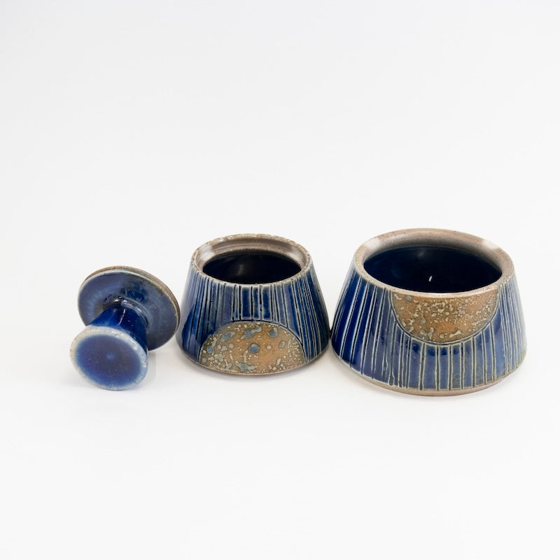 2 Tier Stacking Canister Blue Stripe w Gold Circle from Maya Machin at Pinch in Northampton, MA