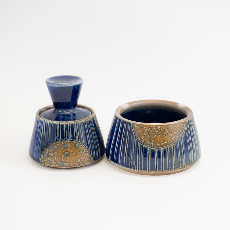 2 Tier Stacking Canister Blue Stripe w Gold Circle from Maya Machin at Pinch in Northampton, MA