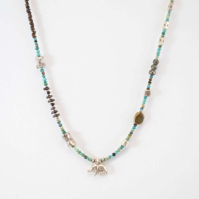 Silver Industrial Turquoise Necklace with Lucky Elephant at PINCH