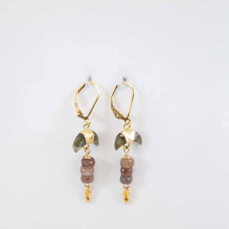 Gold Labradorite and Smokey Topaz Crescent Earrings at PINCH