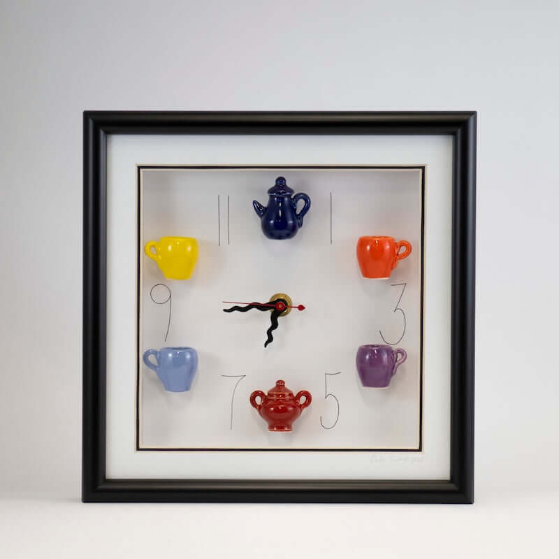 10x10 Clock with a Navy Teapot, Red Sugar Jar, and Wavy Hands in a Black Frame from Carlos Silva at Pinch in Northampton, MA