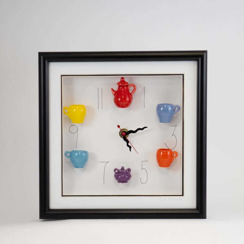 10x10 Clock with a Red Teapot, Purple Sugar Bowl, and Wavy Hands in a Black Frame from Carlos Silva at Pinch in Northampton, MA