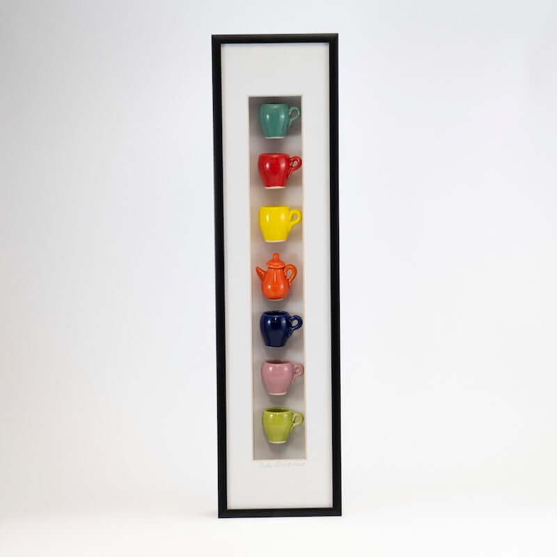 4x16 Vertical Shadowbox with Multicolor Mugs from Carlos Silva at Pinch in Northampton, MA