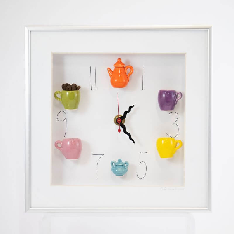 10x10 Clock with an Orange Teapot, Light Blue Sugar Jar, and Wavy Hands in a Silver Frame