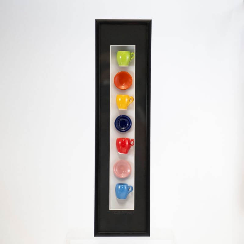 4x16 Vertical Shadowbox with Multicolor Mugs and Plates and Black Matte in a Black Frame