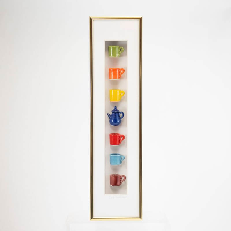 4x16 Vertical Shadowbox with a Navy Teapot and Multicolor Mugs in a Gold Frame