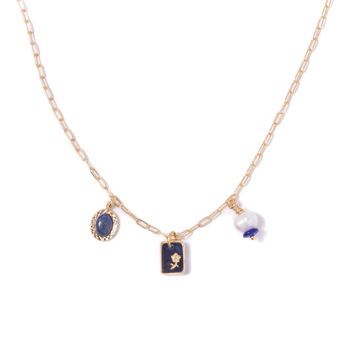 Lapis and Pearl Charm Necklace