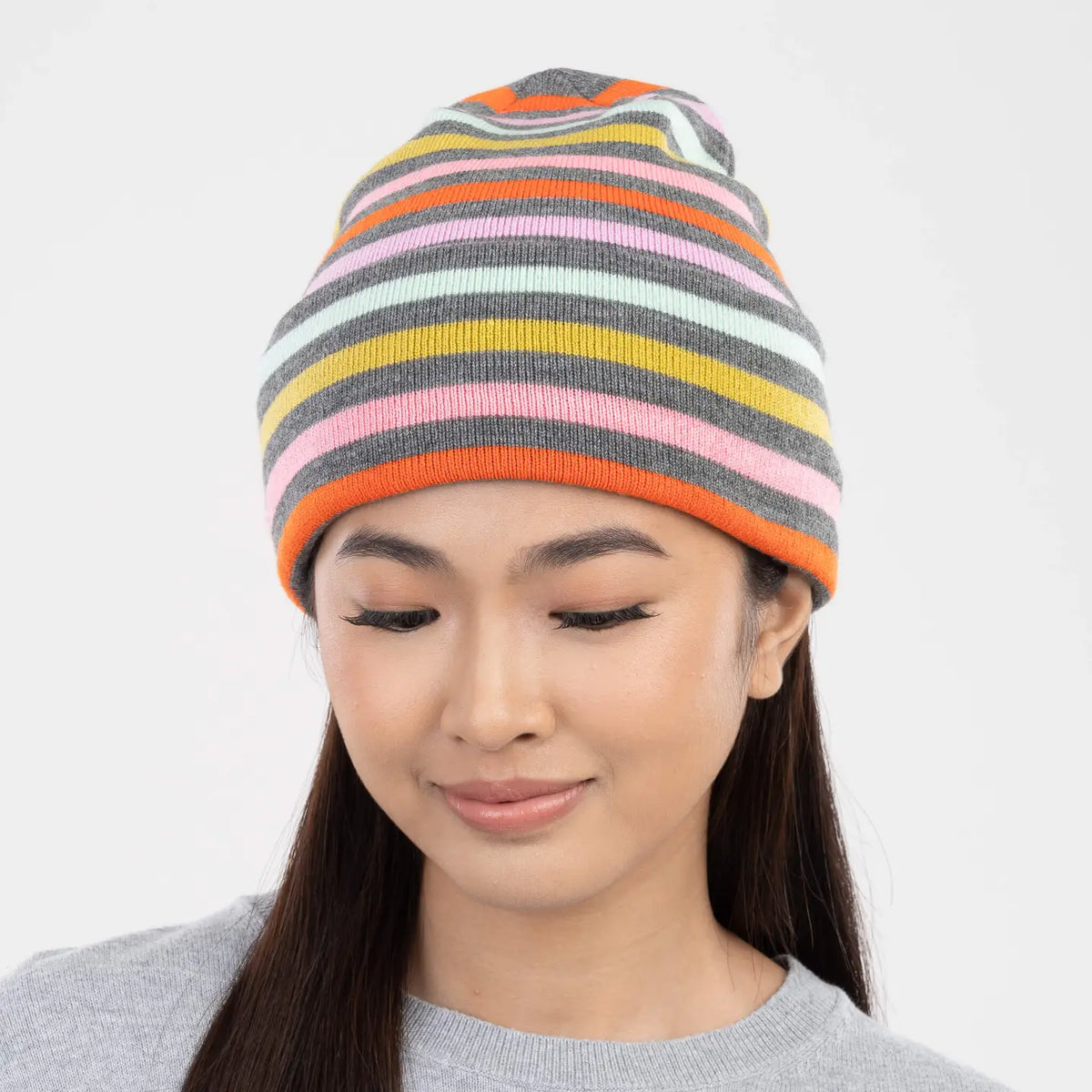 Color Stripe Knit Beanie in Grey