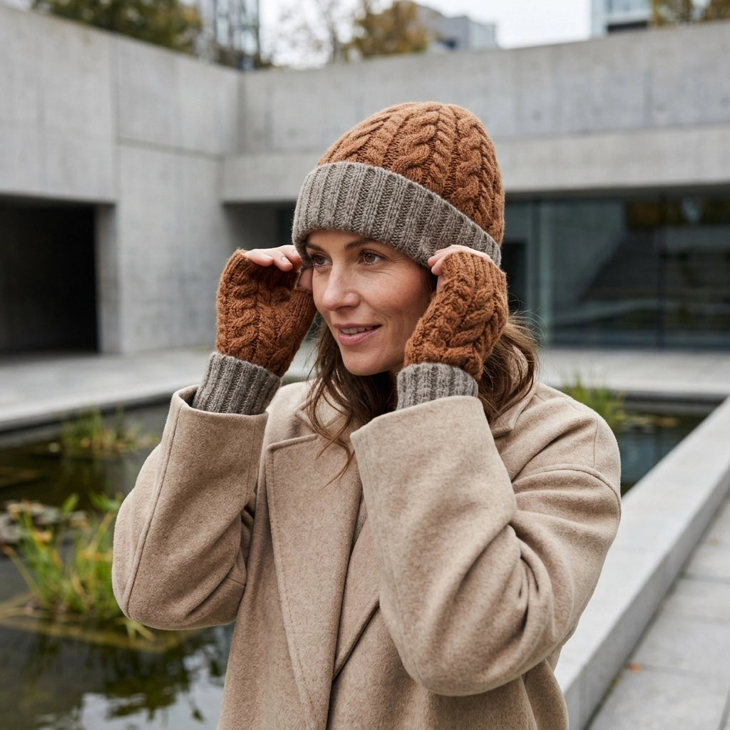 Alpaca Braided Beanie Hat in Sienna