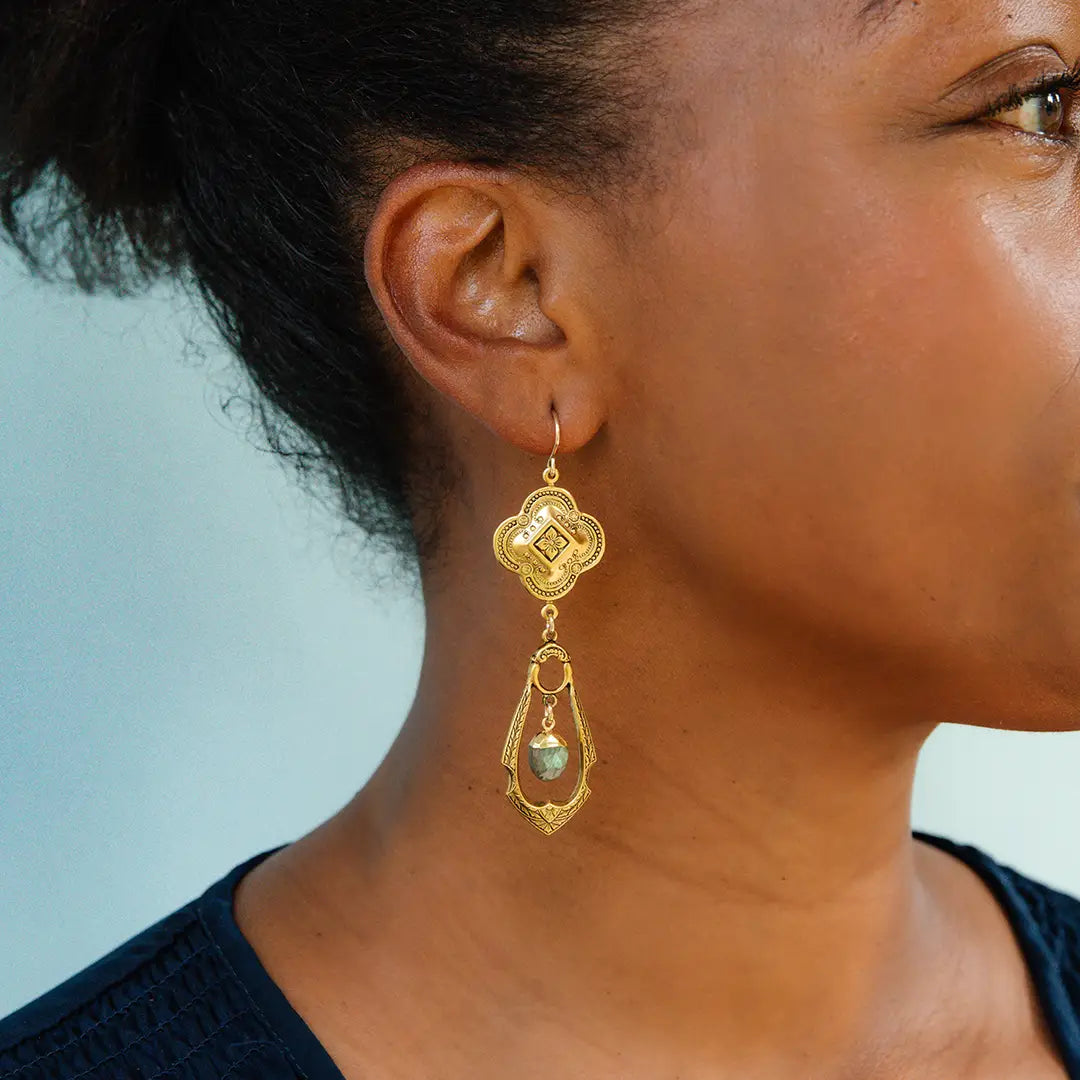 Golden Quatrefoil Labradorite Earrings