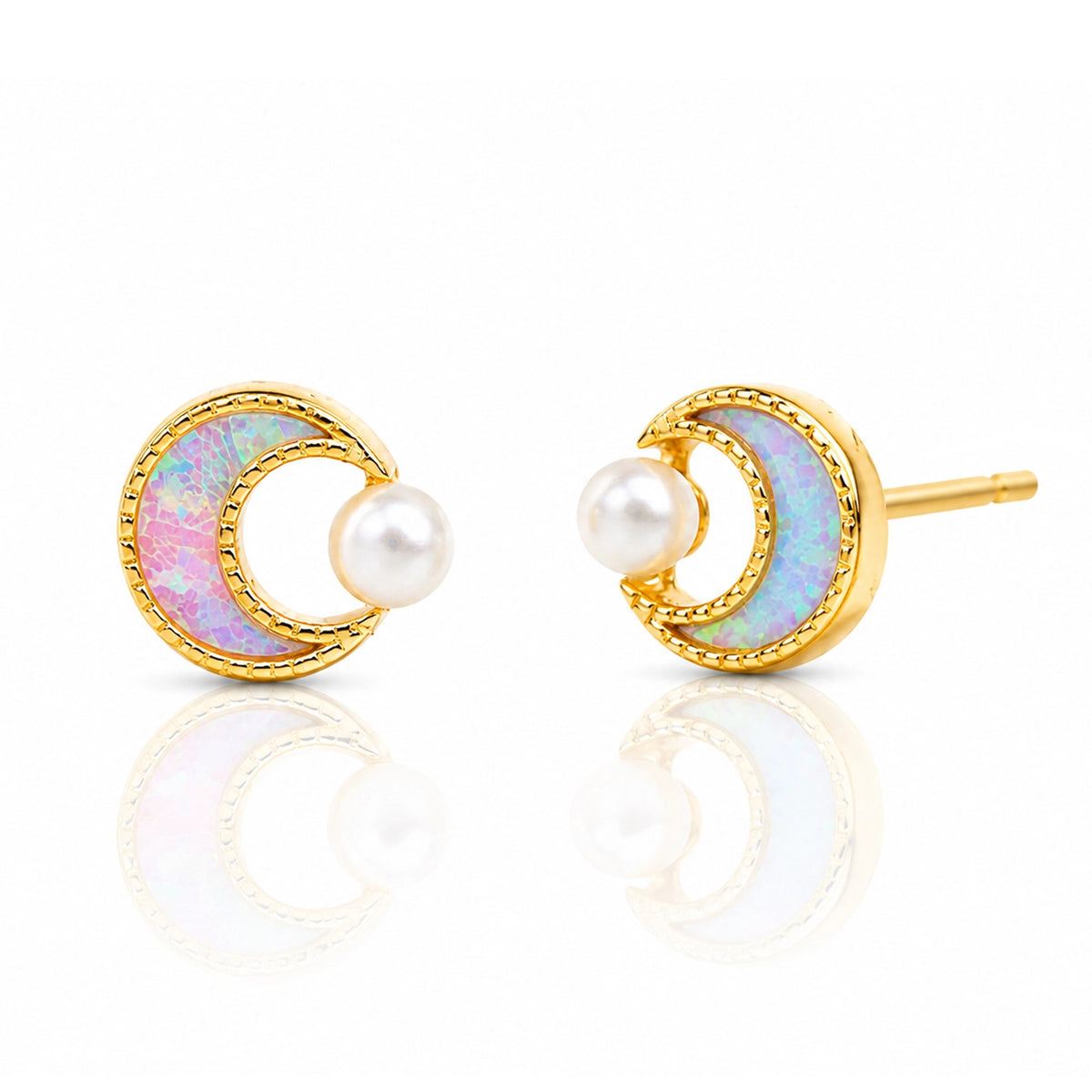 Opal Crescent Moon Studs with Pearl Accent