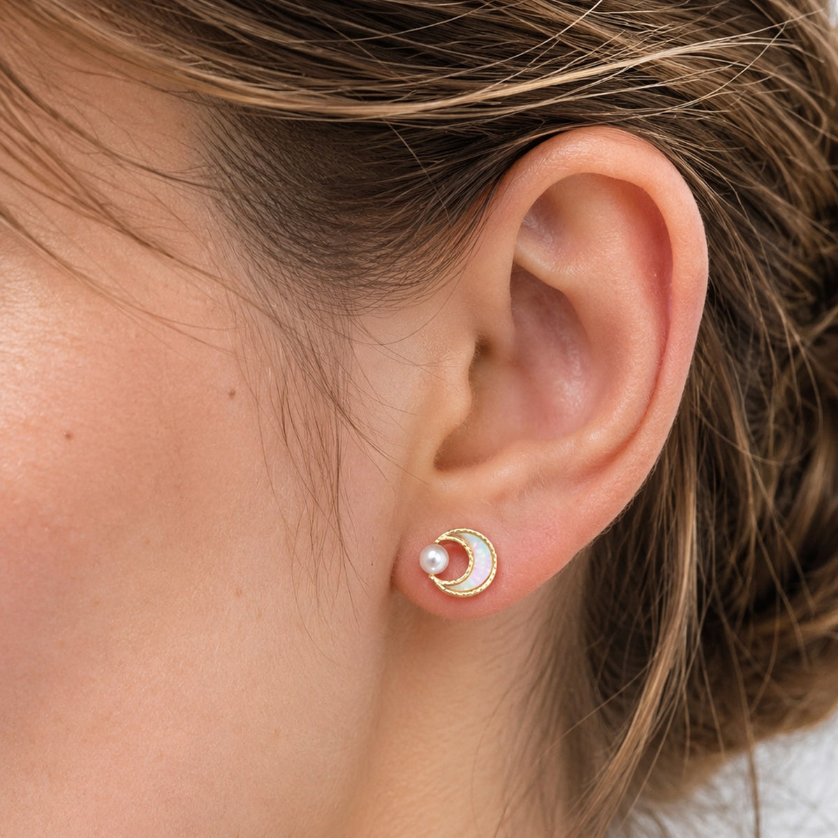 Opal Crescent Moon Studs with Pearl Accent