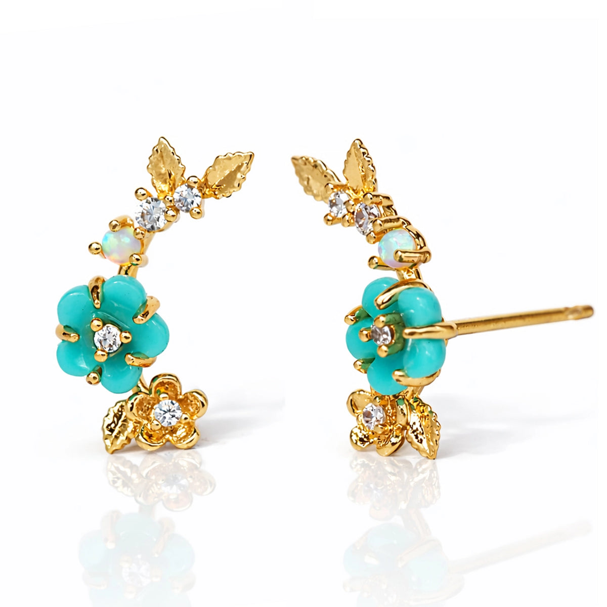 Turquiose Enamel Flower Post Earrings with Opal