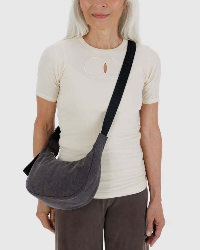 Small Washed Black Denim Crescent Bag from Baggu at Pinch in Northampton, MA